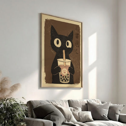Black Cat Bubble Tea Poster – Cute Retro Kawaii Kitchen Art Print