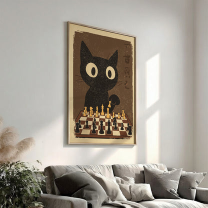 Black Cat Playing Chess Poster – Retro Japanese Games Room Art Print