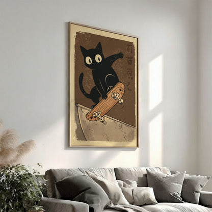 Black Cat Skateboarding Poster – Funny Retro Japanese Skater Art Print