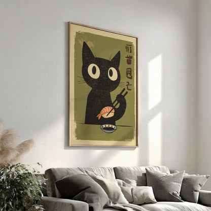 Black Cat Eating Sushi Poster – Retro Japanese Food Kitchen Art Print