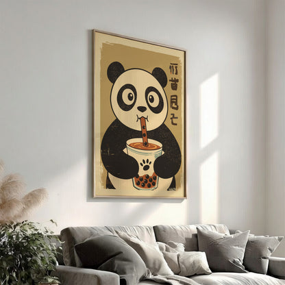 Panda Drinking Bubble Tea Poster – Cute Retro Kawaii Boba Art Print