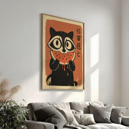Raccoon Eating Watermelon Poster – Funny Retro Summer Fruit Art Print