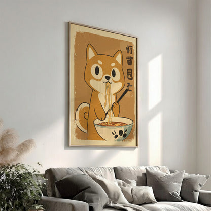 Shiba Inu Eating Ramen Poster – Funny Retro Japanese Kitchen Art Print