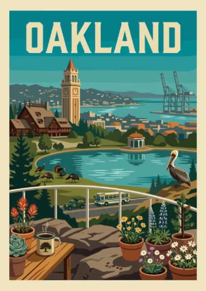 Oakland cityscape poster with Tribune Tower, bay, pelican, and potted plants in a retro style.