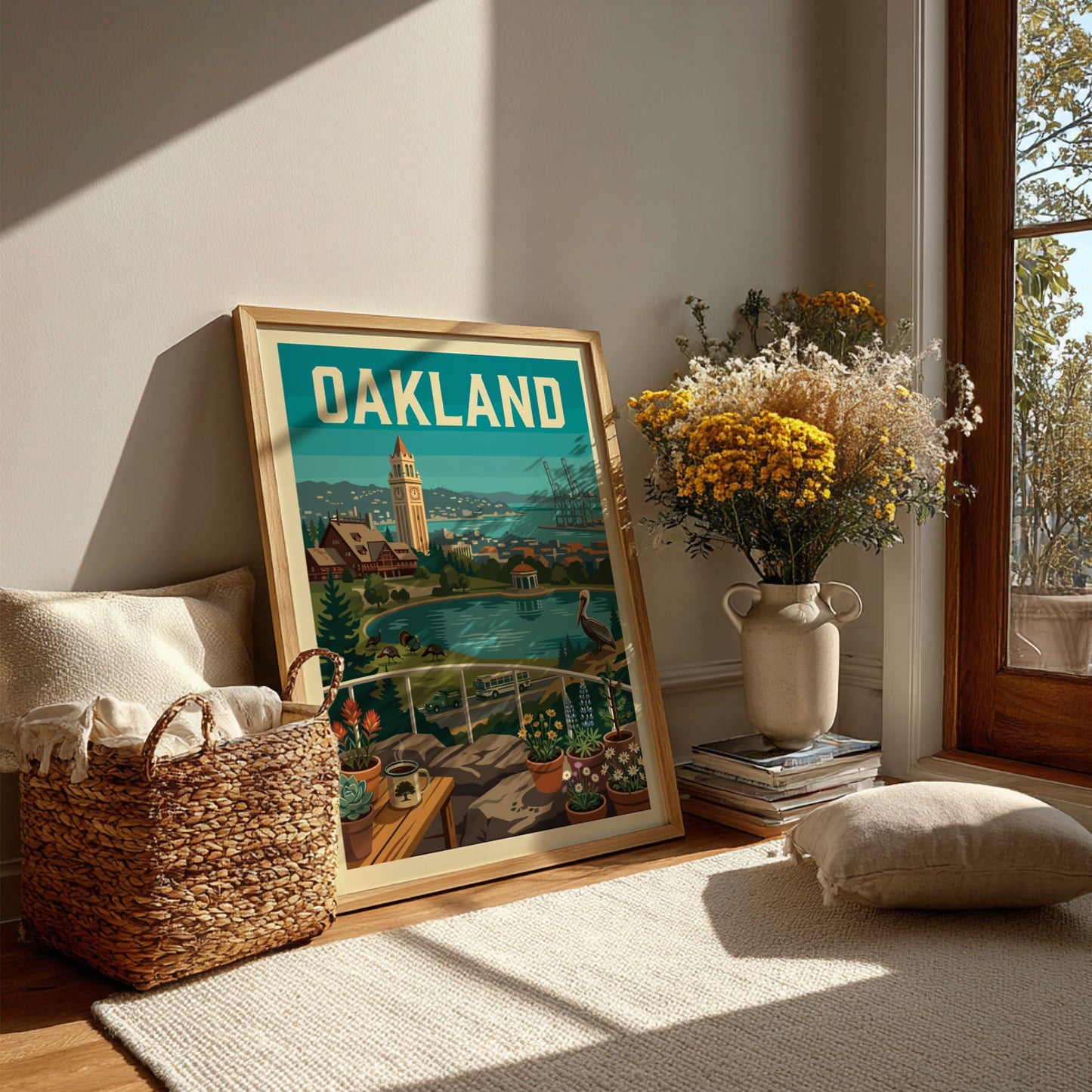 Oakland cityscape poster with Tribune Tower, bay, pelican, and potted plants in a retro style.