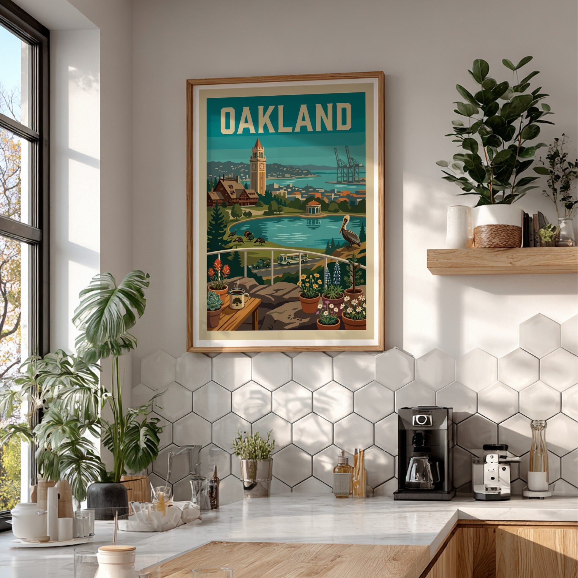 Oakland cityscape poster with Tribune Tower, bay, pelican, and potted plants in a retro style.