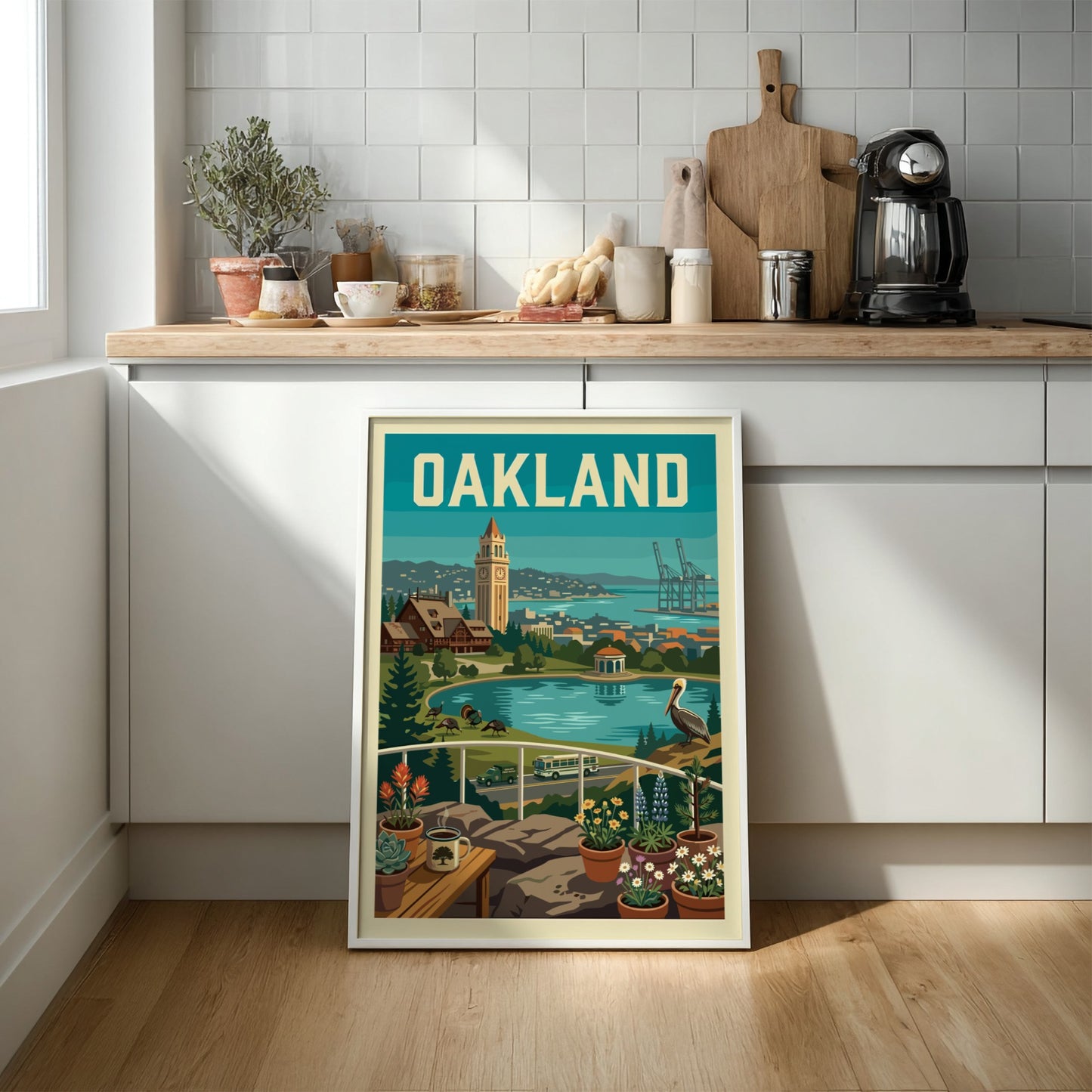 Oakland cityscape poster with Tribune Tower, bay, pelican, and potted plants in a retro style.