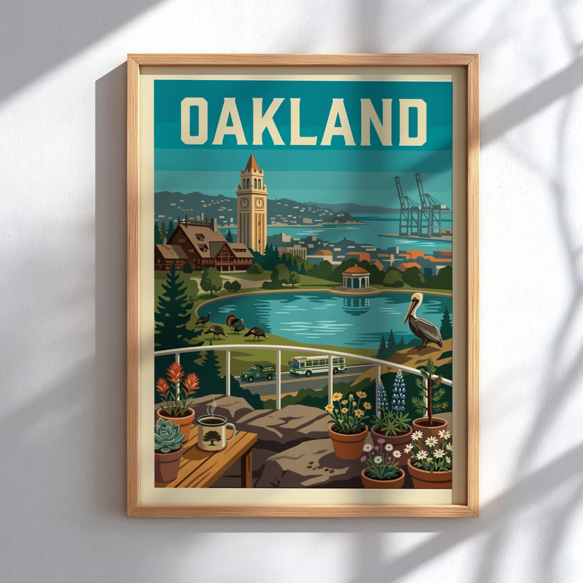 Oakland cityscape poster with Tribune Tower, bay, pelican, and potted plants in a retro style.