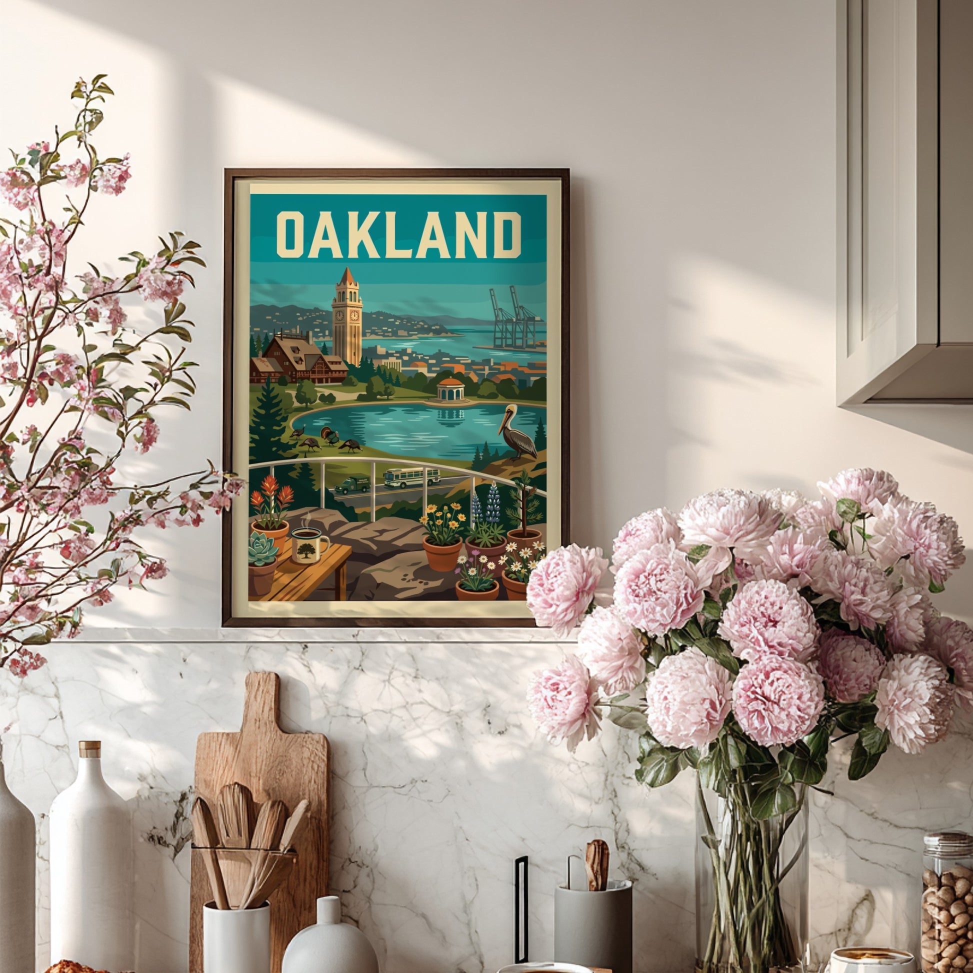 Oakland cityscape poster with Tribune Tower, bay, pelican, and potted plants in a retro style.