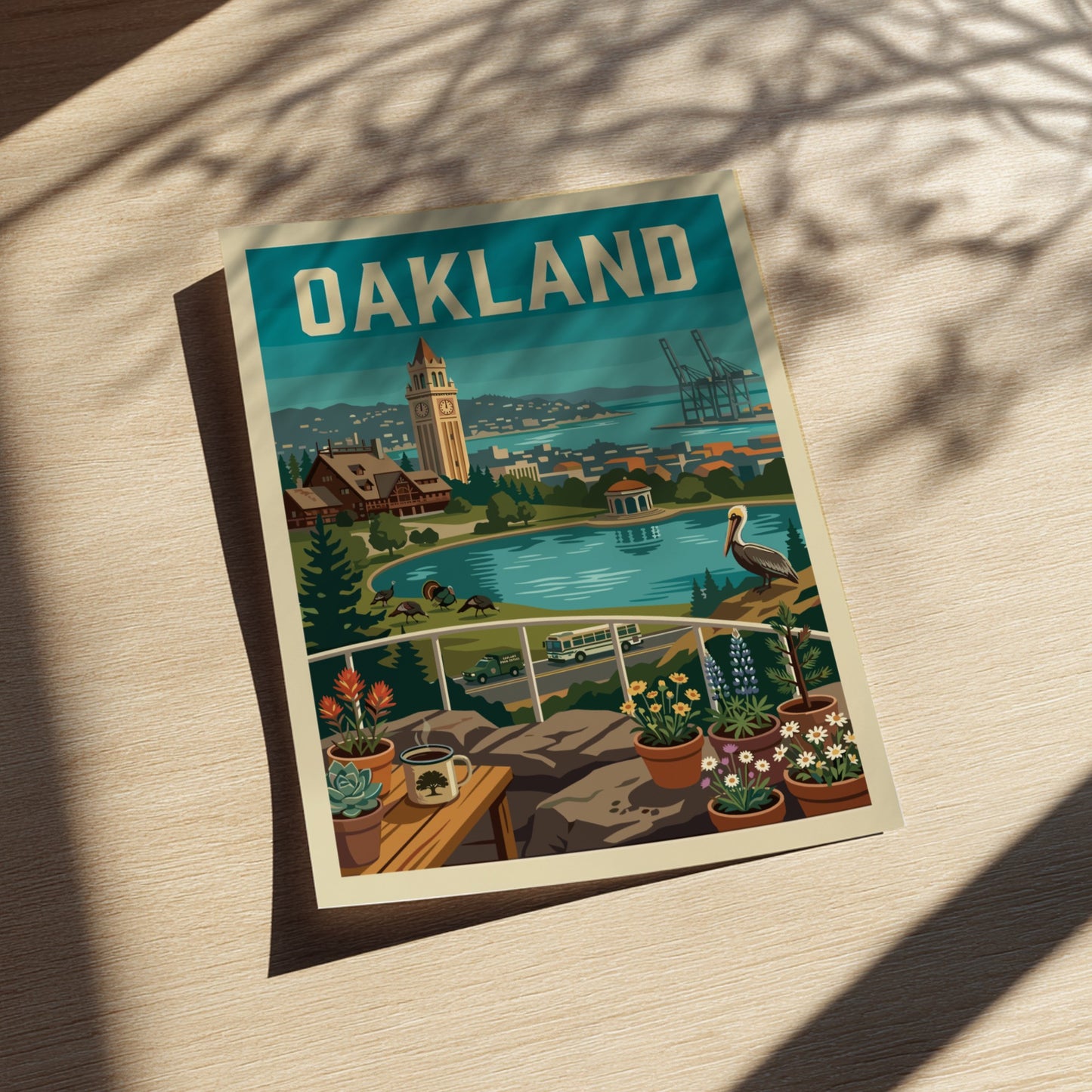 Oakland cityscape poster with Tribune Tower, bay, pelican, and potted plants in a retro style.