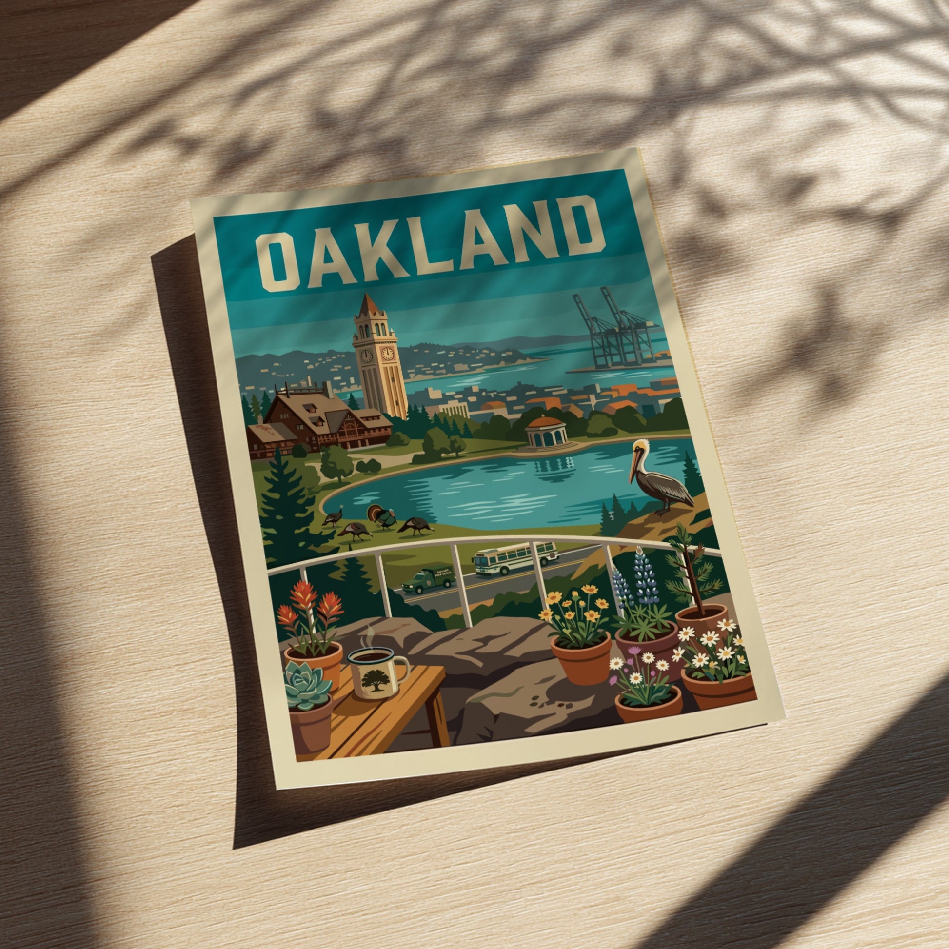Oakland cityscape poster with Tribune Tower, bay, pelican, and potted plants in a retro style.