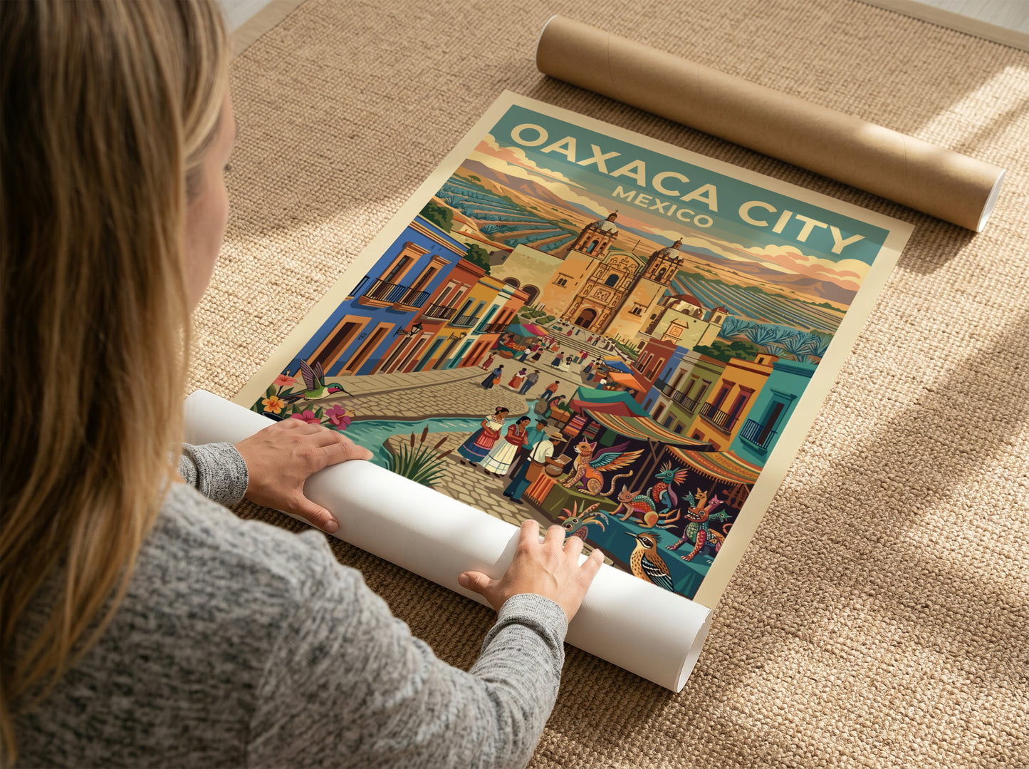 Travel poster of Oaxaca City Mexico featuring a cathedral market stalls and pottery