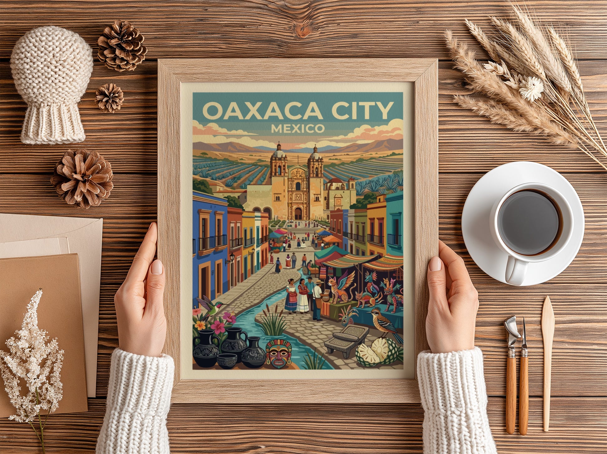 Travel poster of Oaxaca City Mexico featuring a cathedral market stalls and pottery