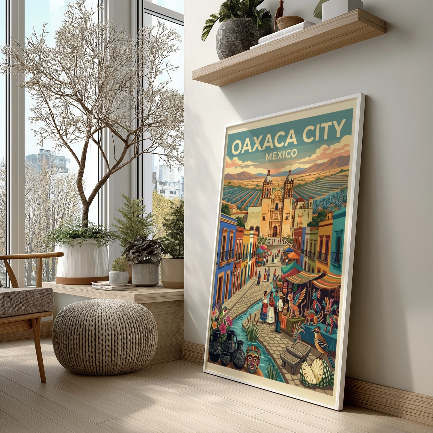 Travel poster of Oaxaca City Mexico featuring a cathedral market stalls and pottery