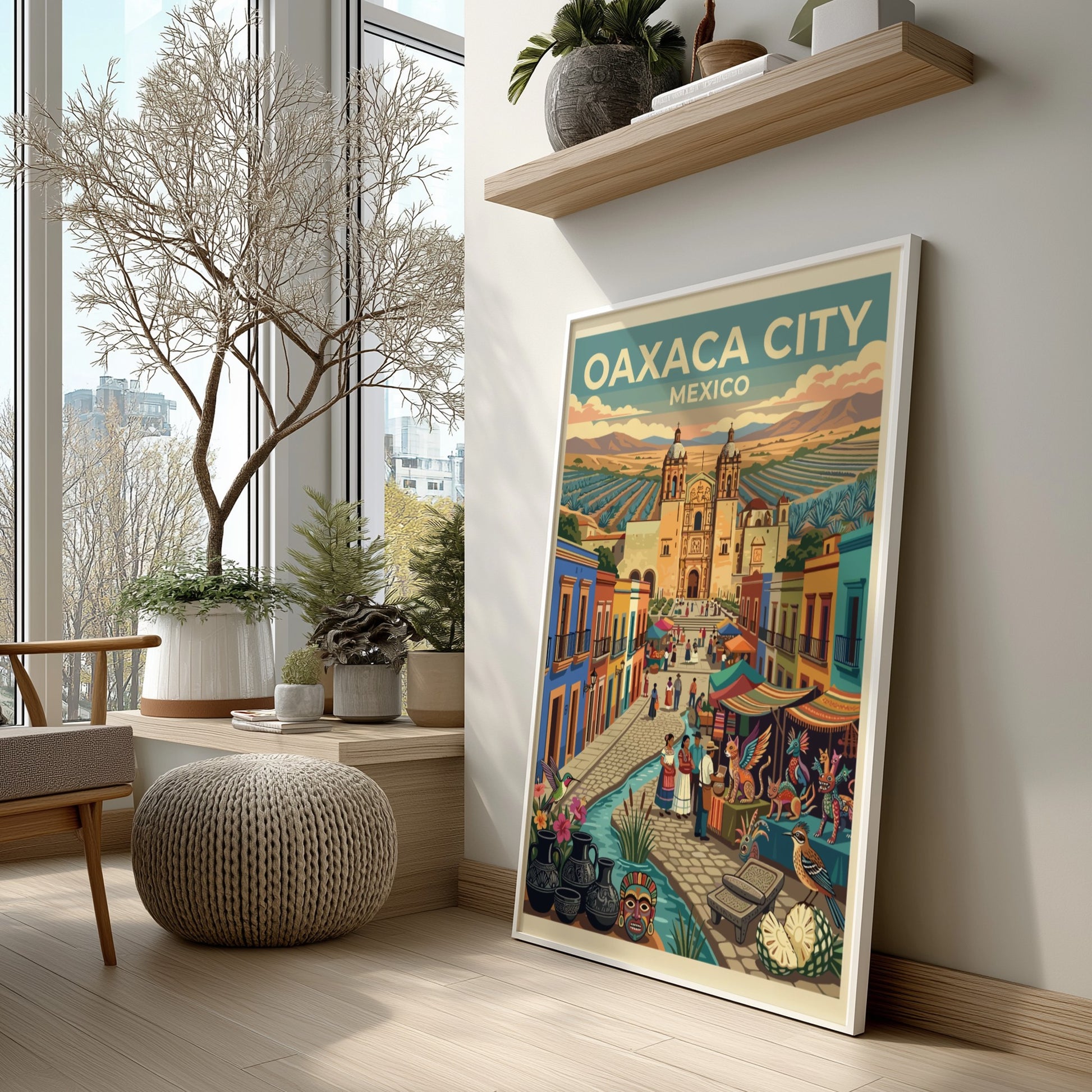Travel poster of Oaxaca City Mexico featuring a cathedral market stalls and pottery
