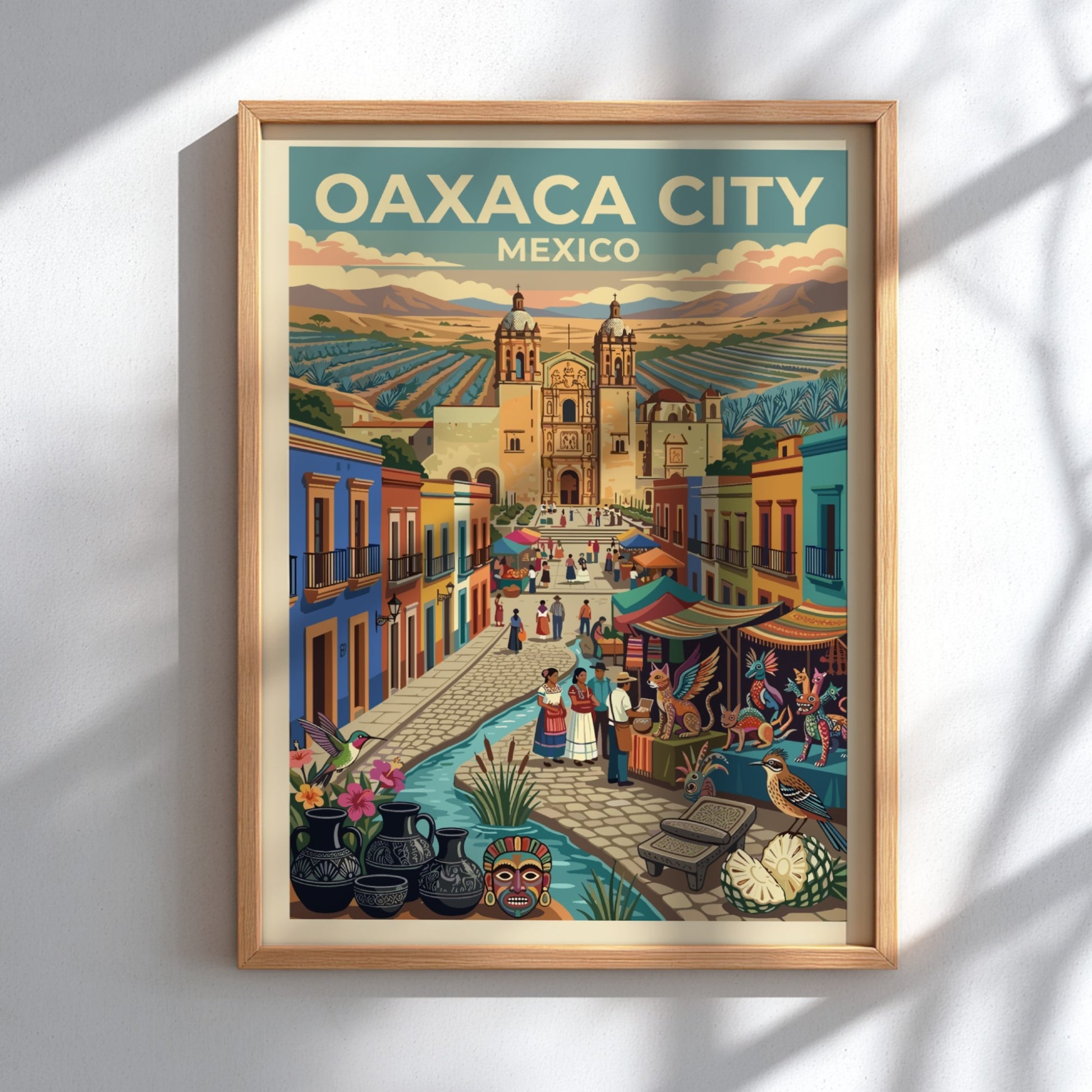 Travel poster of Oaxaca City Mexico featuring a cathedral market stalls and pottery