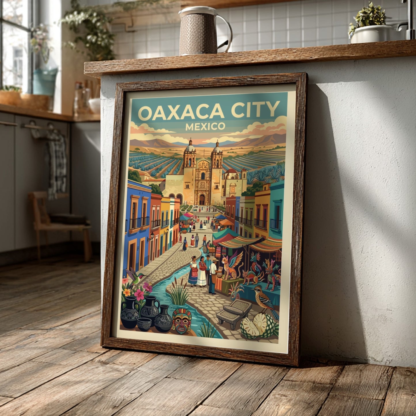Travel poster of Oaxaca City Mexico featuring a cathedral market stalls and pottery