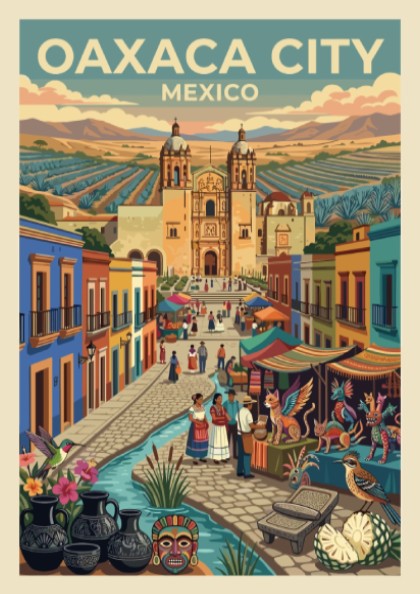 Travel poster of Oaxaca City Mexico featuring a cathedral market stalls and pottery