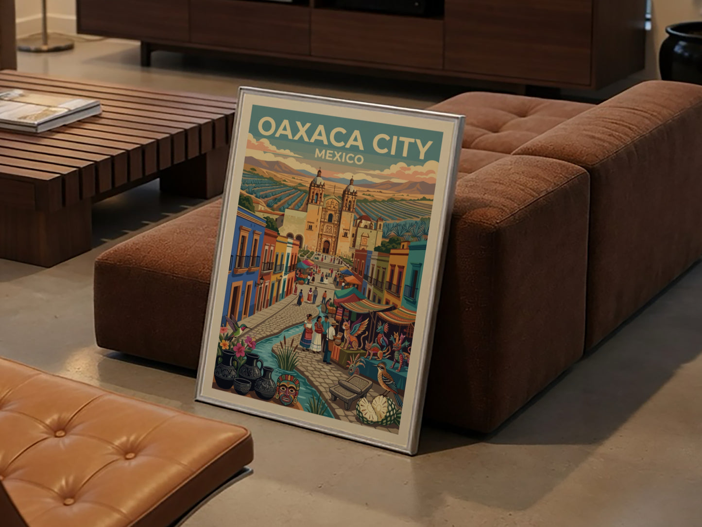 Travel poster of Oaxaca City Mexico featuring a cathedral market stalls and pottery