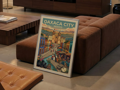 Travel poster of Oaxaca City Mexico featuring a cathedral market stalls and pottery