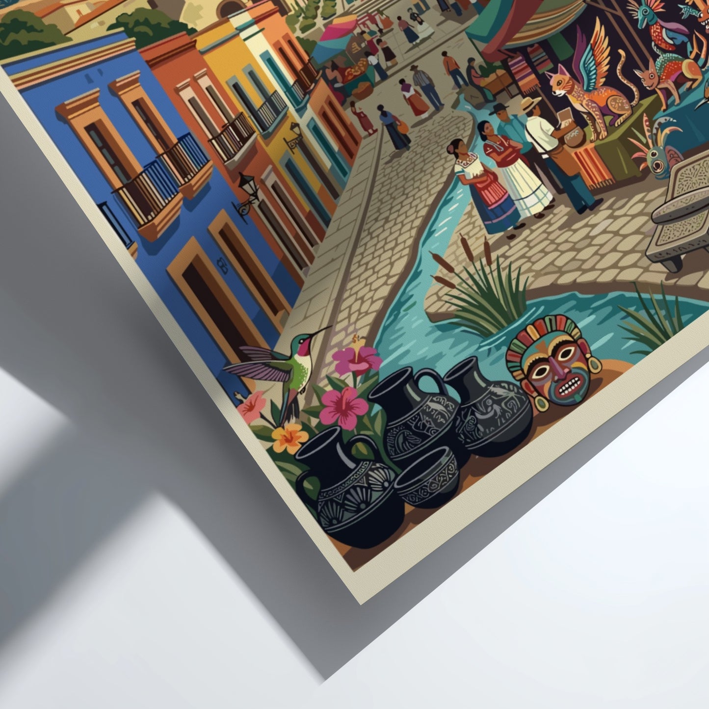 Travel poster of Oaxaca City Mexico featuring a cathedral market stalls and pottery