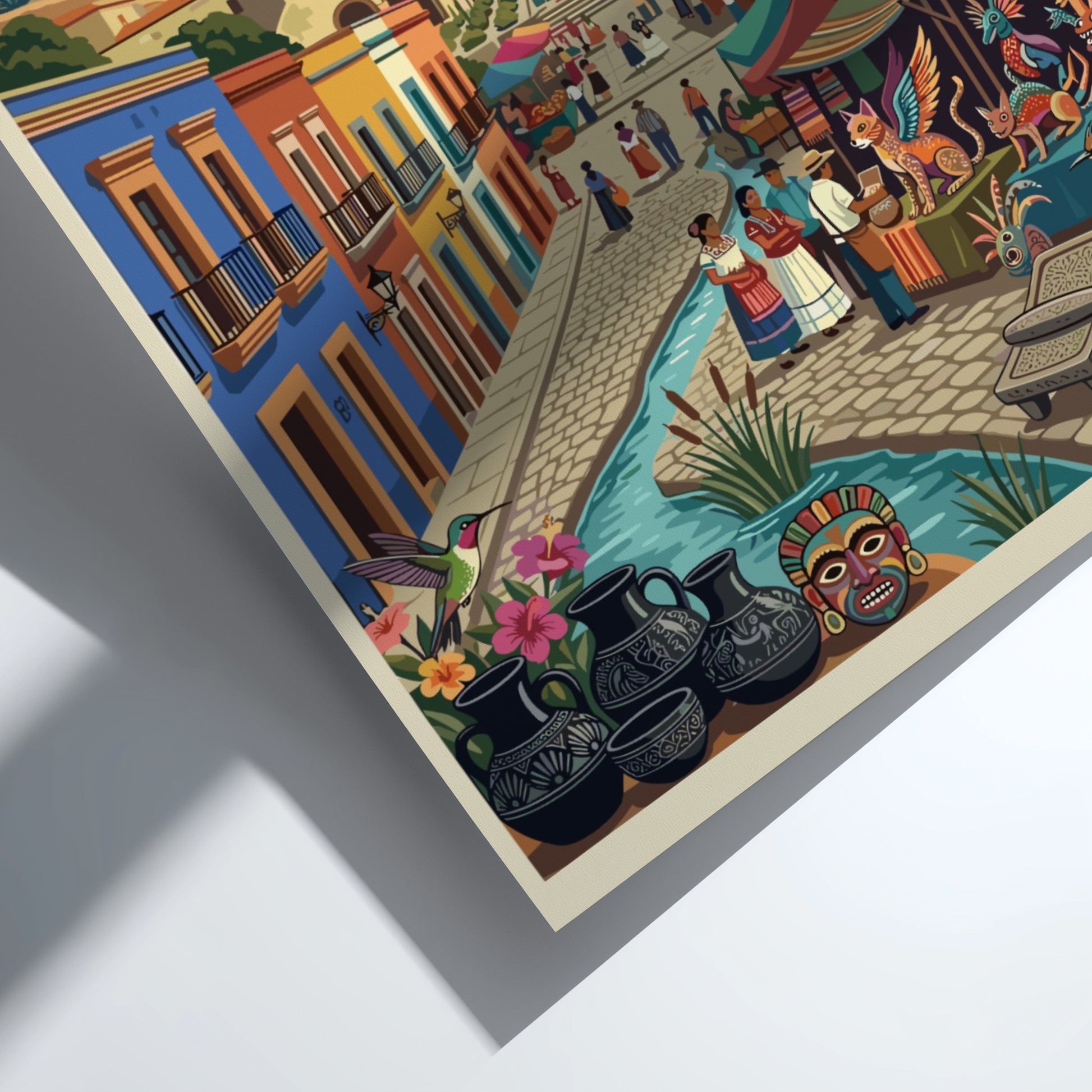 Travel poster of Oaxaca City Mexico featuring a cathedral market stalls and pottery