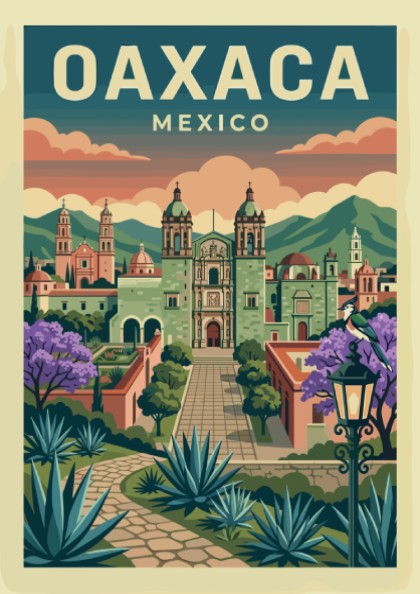 Oaxaca Mexico travel poster with vintage style, featuring city architecture and agave plants.