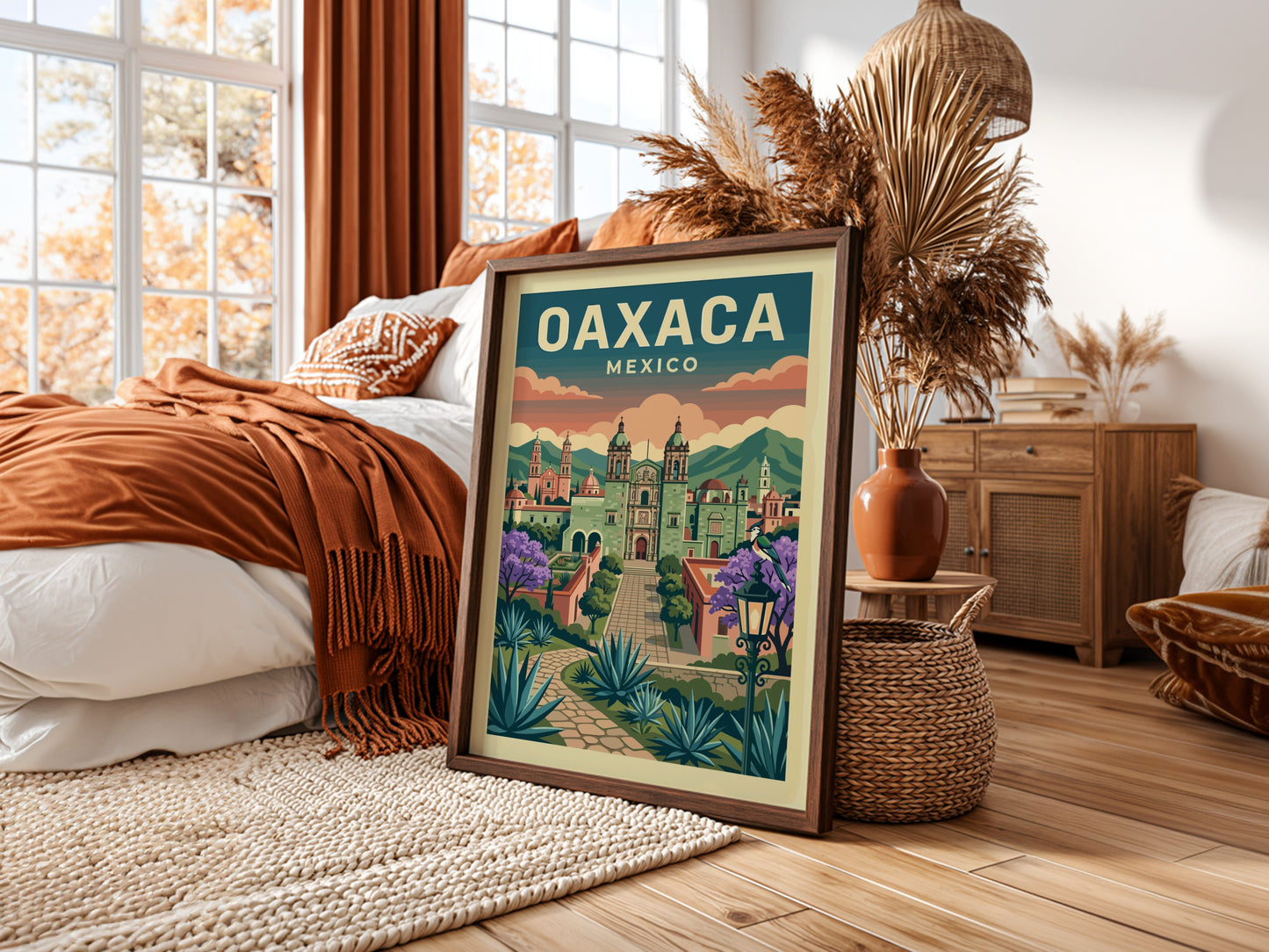 Oaxaca Mexico travel poster with vintage style, featuring city architecture and agave plants.