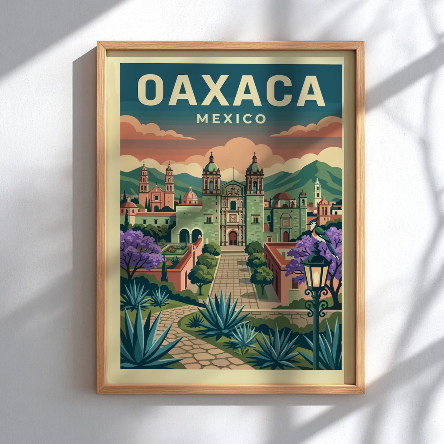 Oaxaca Mexico travel poster with vintage style, featuring city architecture and agave plants.