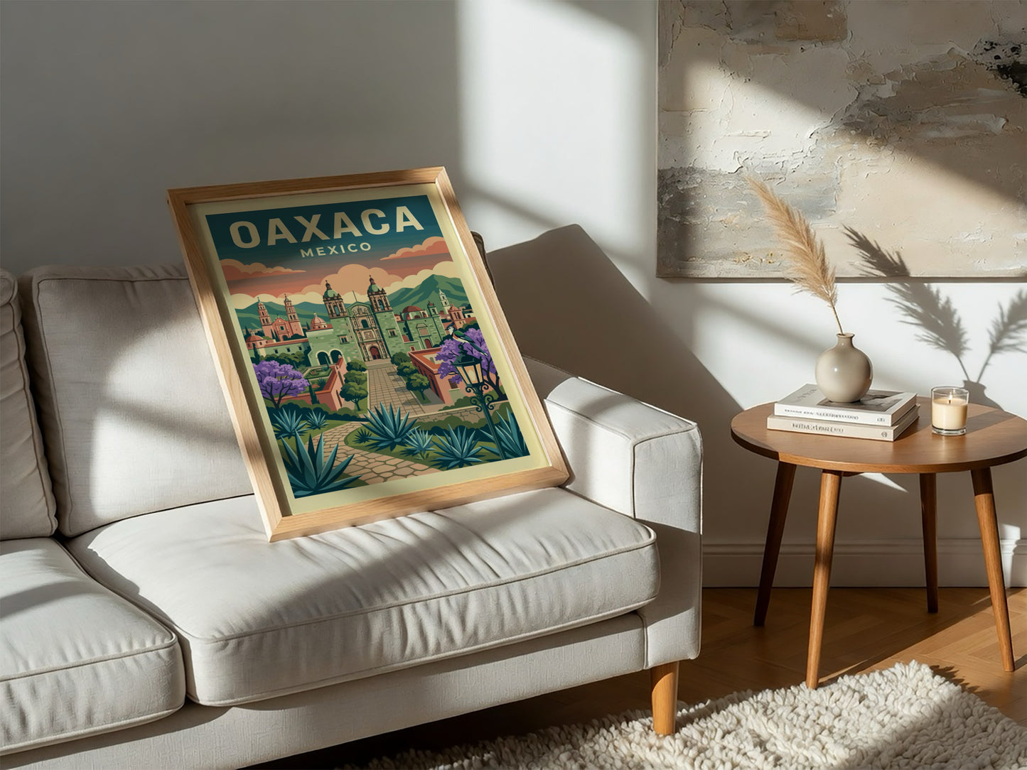 Oaxaca Mexico travel poster with vintage style, featuring city architecture and agave plants.