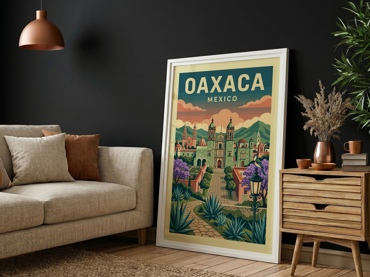 Oaxaca Mexico travel poster with vintage style, featuring city architecture and agave plants.