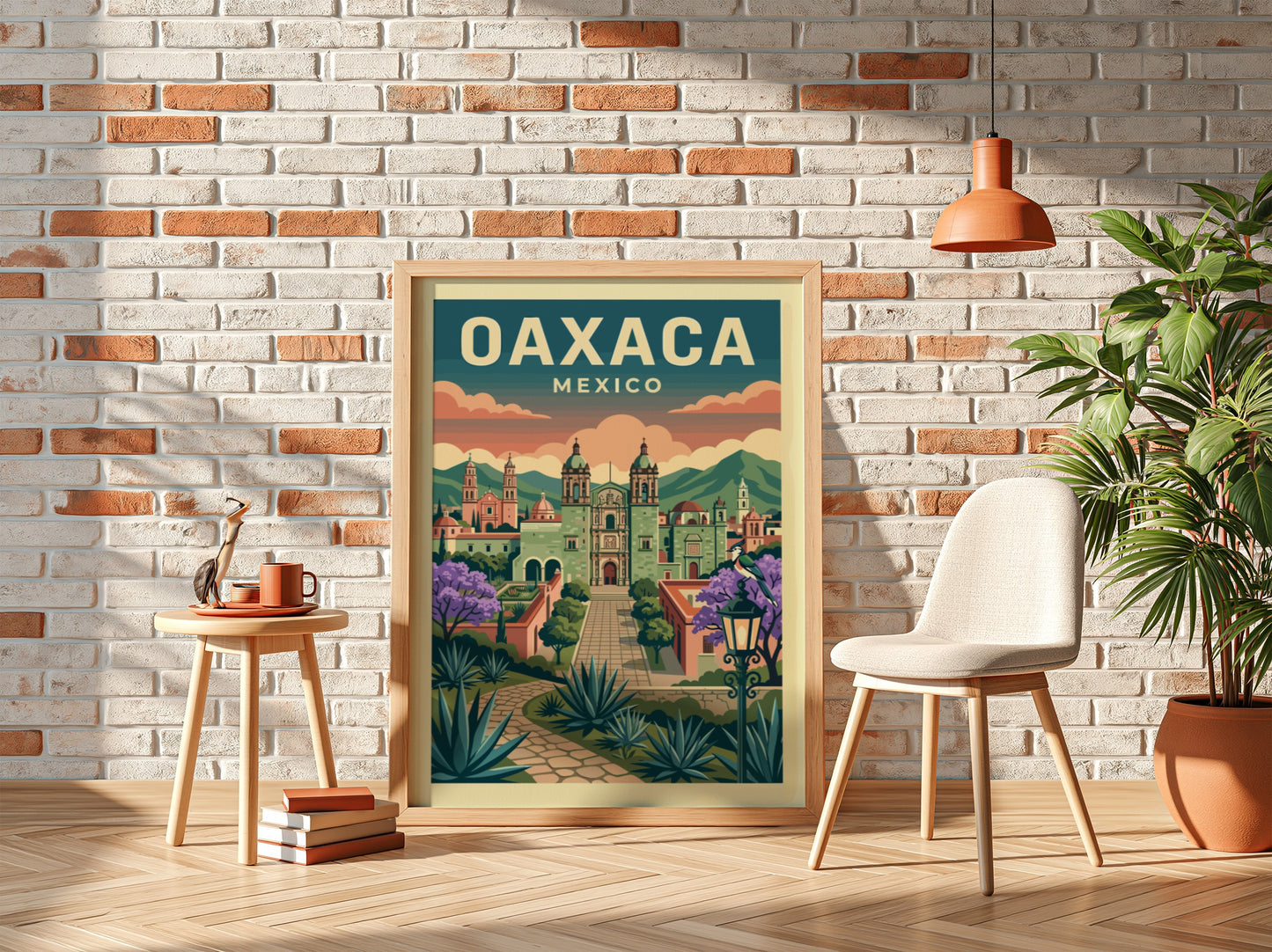 Oaxaca Mexico travel poster with vintage style, featuring city architecture and agave plants.