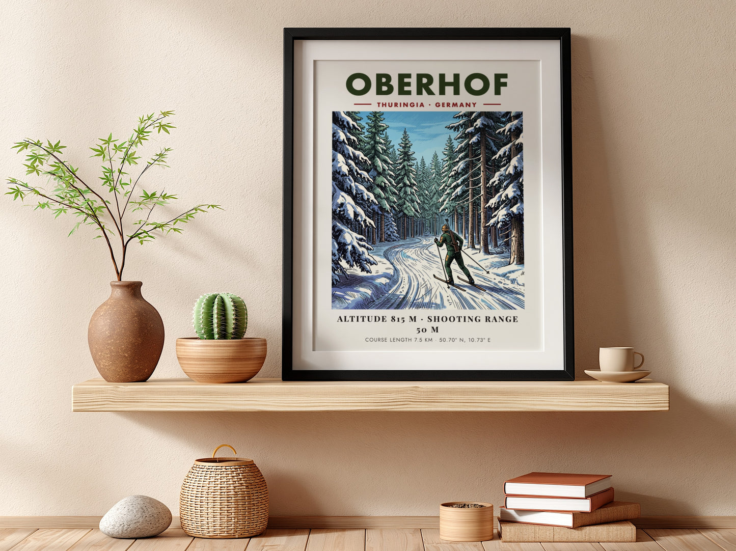 Poster featuring a biathlete on snowy trails in the Oberhof forest, Germany, winter landscape.