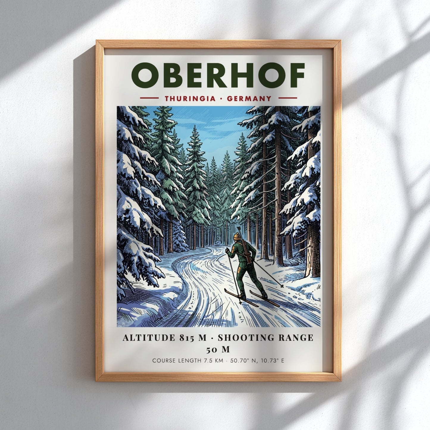 Poster featuring a biathlete on snowy trails in the Oberhof forest, Germany, winter landscape.