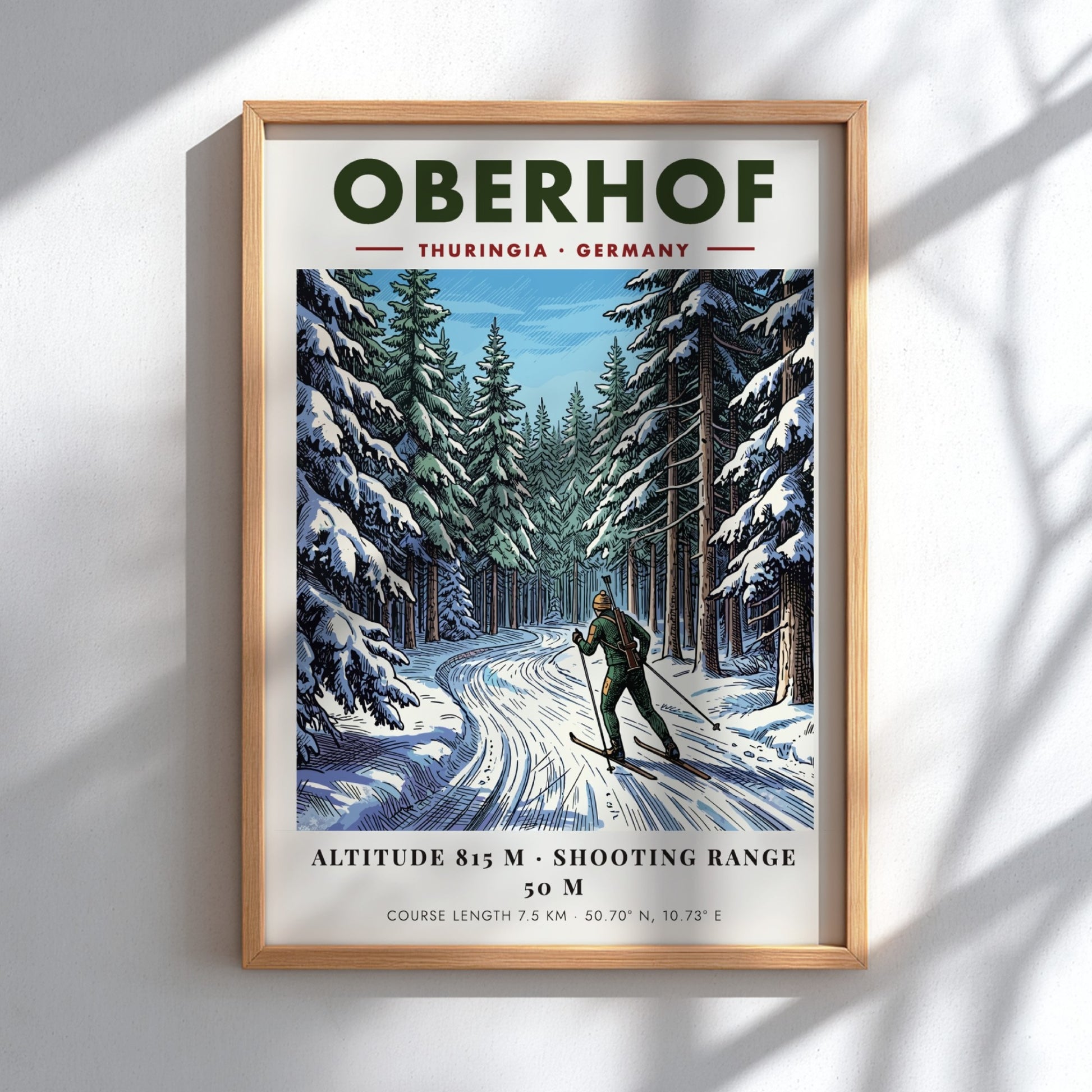 Poster featuring a biathlete on snowy trails in the Oberhof forest, Germany, winter landscape.