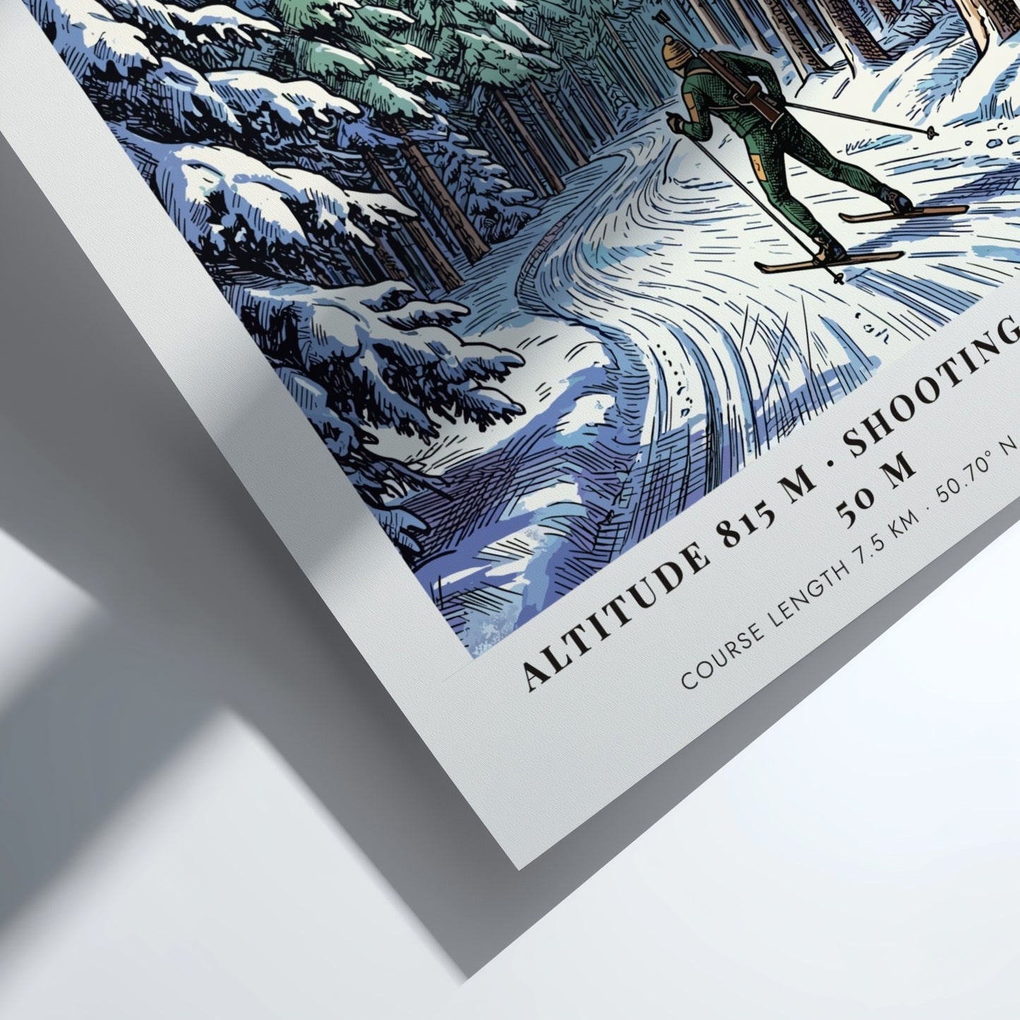 Poster featuring a biathlete on snowy trails in the Oberhof forest, Germany, winter landscape.