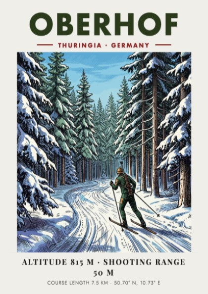Poster featuring a biathlete on snowy trails in the Oberhof forest, Germany, winter landscape.