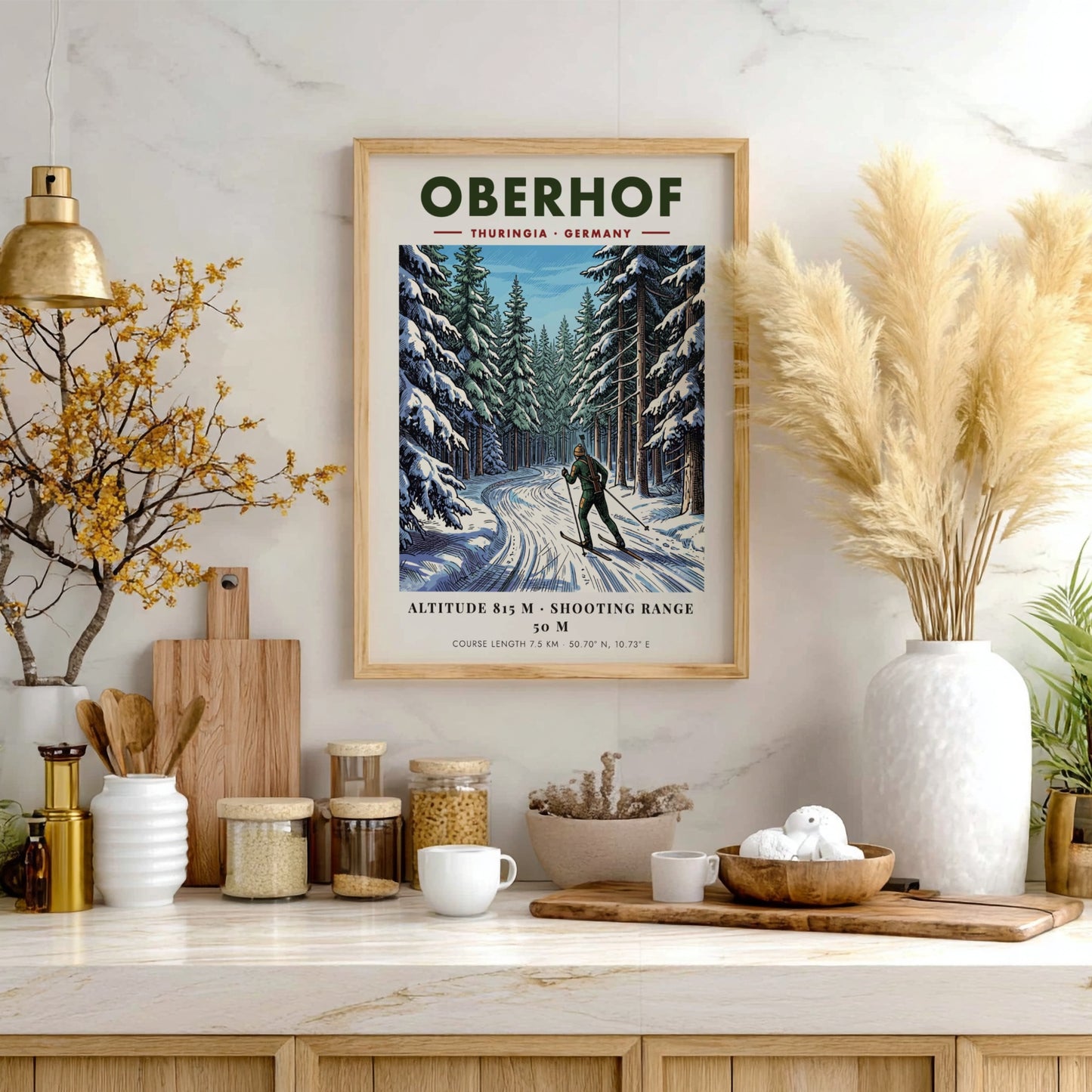 Poster featuring a biathlete on snowy trails in the Oberhof forest, Germany, winter landscape.
