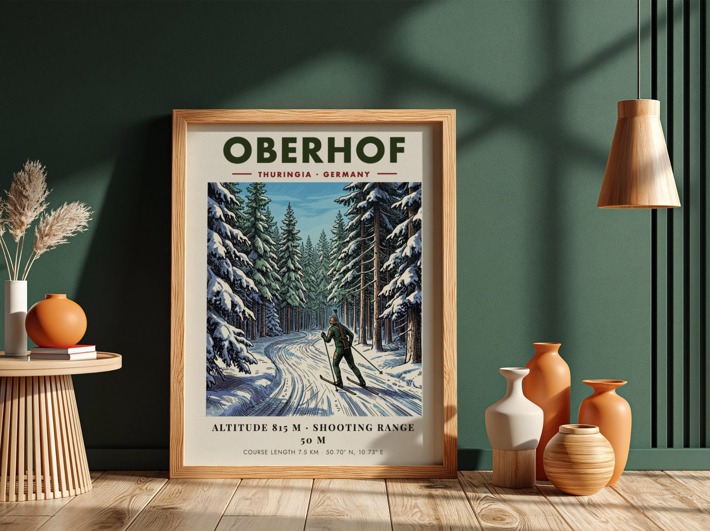 Poster featuring a biathlete on snowy trails in the Oberhof forest, Germany, winter landscape.