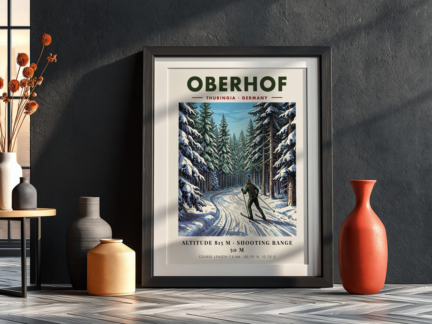 Poster featuring a biathlete on snowy trails in the Oberhof forest, Germany, winter landscape.
