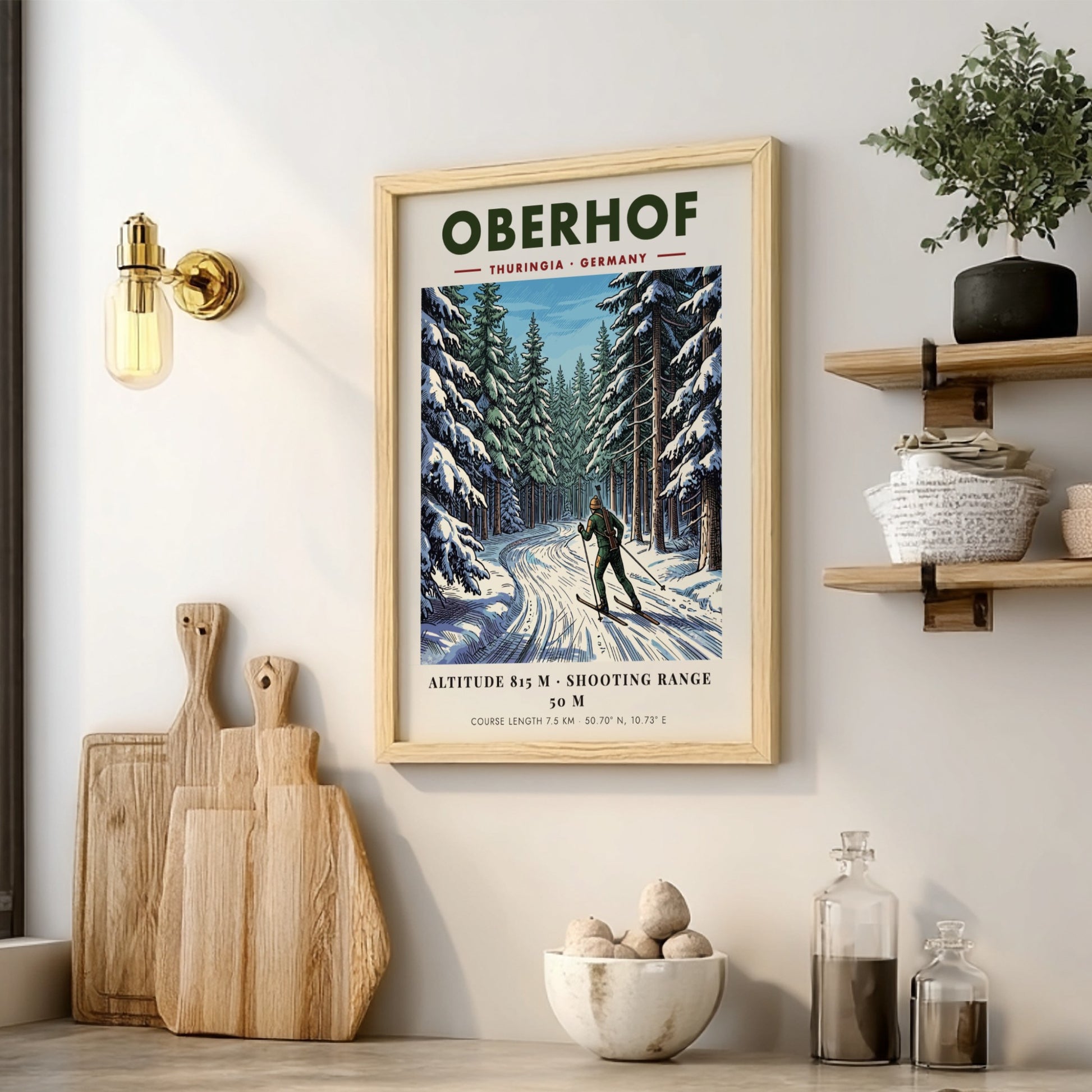 Poster featuring a biathlete on snowy trails in the Oberhof forest, Germany, winter landscape.
