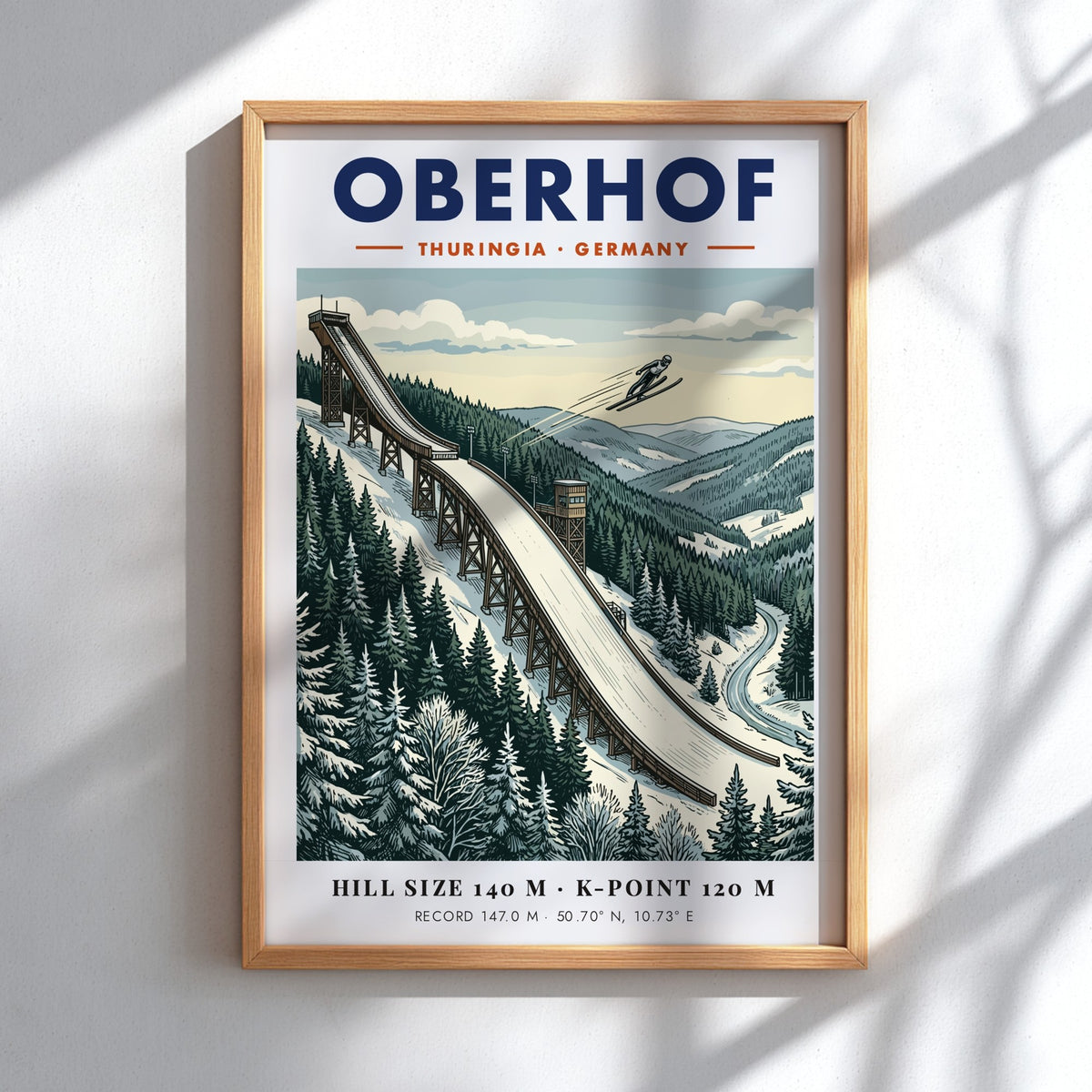 Ski jumping poster of Oberhof Germany featuring a snowy mountain landscape and athlete