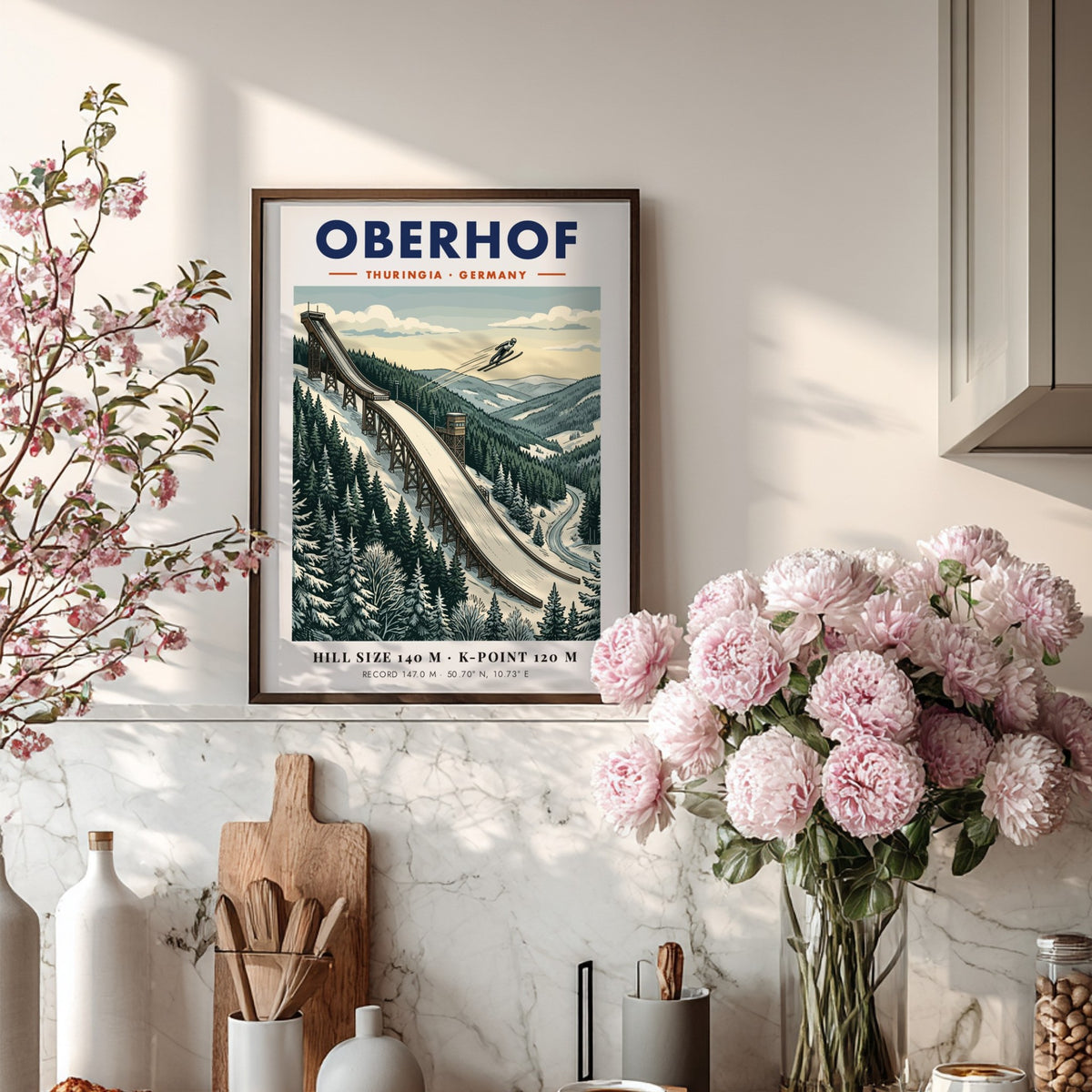 Ski jumping poster of Oberhof Germany featuring a snowy mountain landscape and athlete