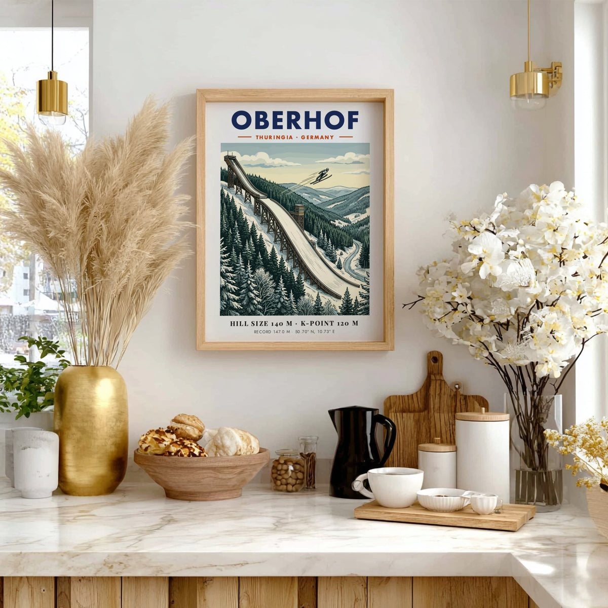 Ski jumping poster of Oberhof Germany featuring a snowy mountain landscape and athlete