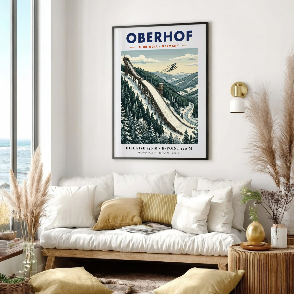 Ski jumping poster of Oberhof Germany featuring a snowy mountain landscape and athlete