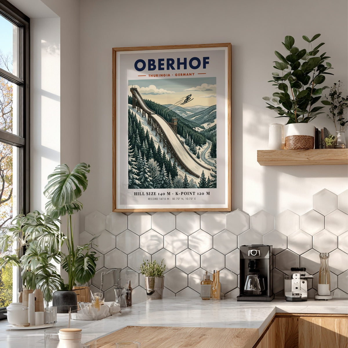 Ski jumping poster of Oberhof Germany featuring a snowy mountain landscape and athlete