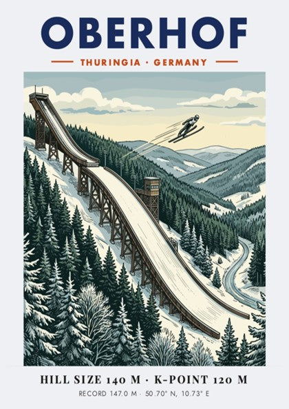 Ski jumping poster of Oberhof Germany featuring a snowy mountain landscape and athlete