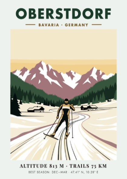 Poster featuring a cross-country skier in Oberstdorf Bavaria against snow-capped mountains and pines