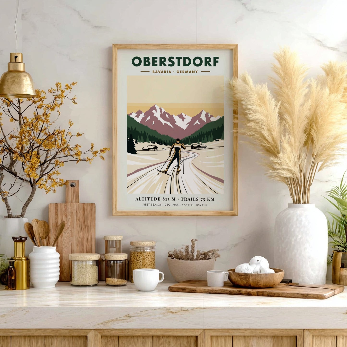 Poster featuring a cross-country skier in Oberstdorf Bavaria against snow-capped mountains and pines