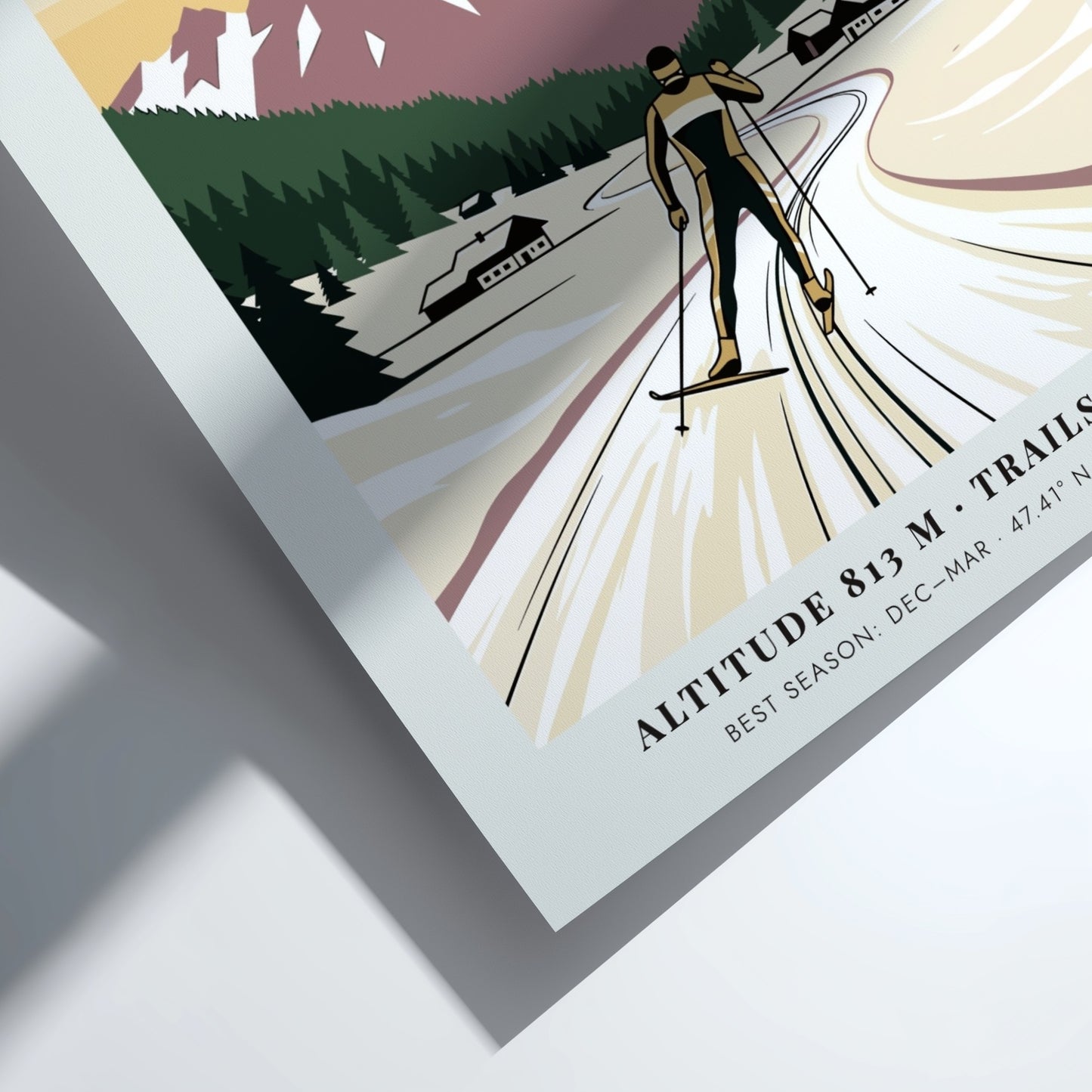 Poster featuring a cross-country skier in Oberstdorf Bavaria against snow-capped mountains and pines